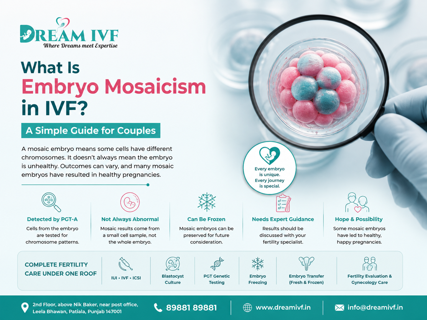 Embryo mosaicism in IVF explained with PGT-A testing, embryo development, freezing, and fertility care at Dream IVF Patiala.